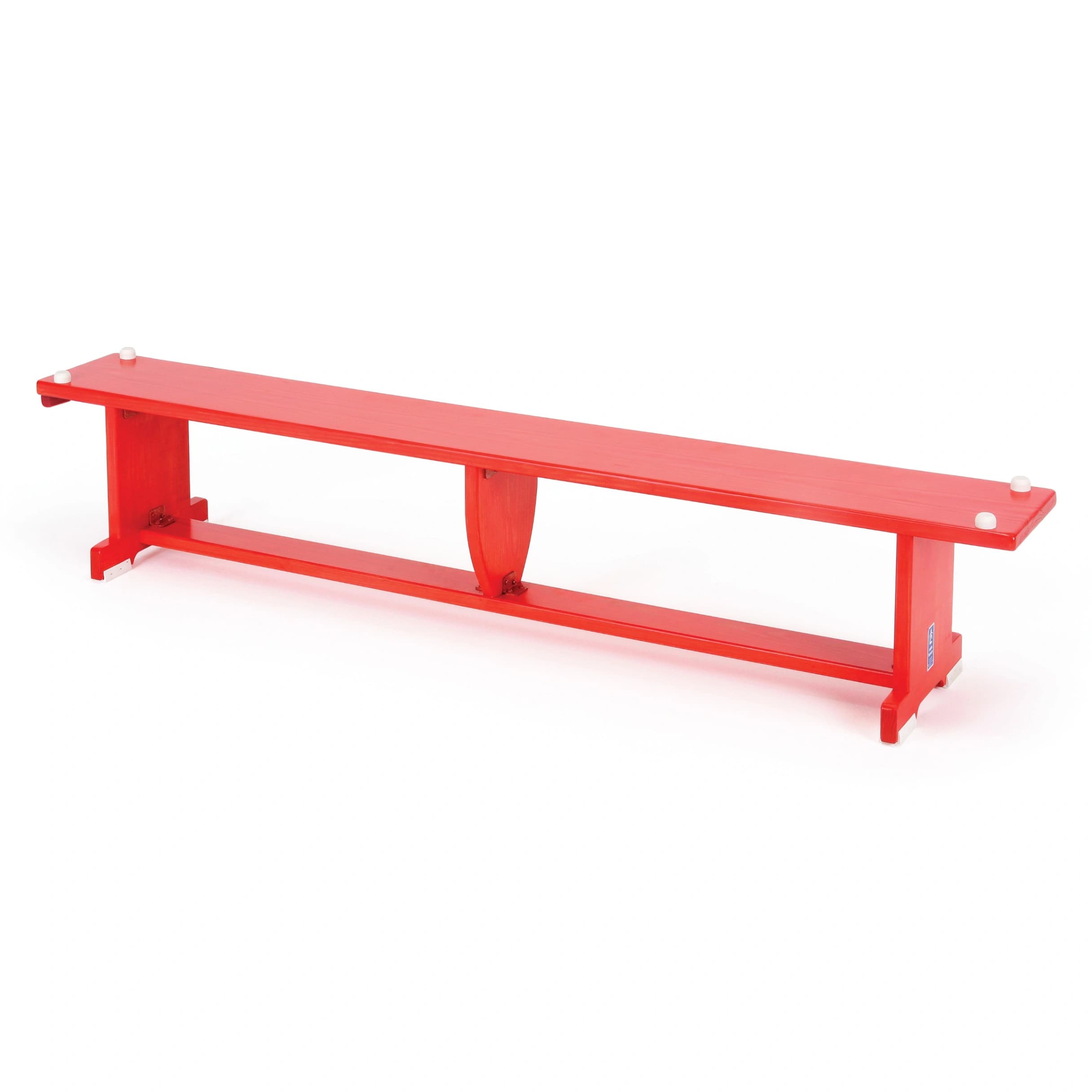 Red bench with a timber top, aluminium frame and rubber feet on a white background.