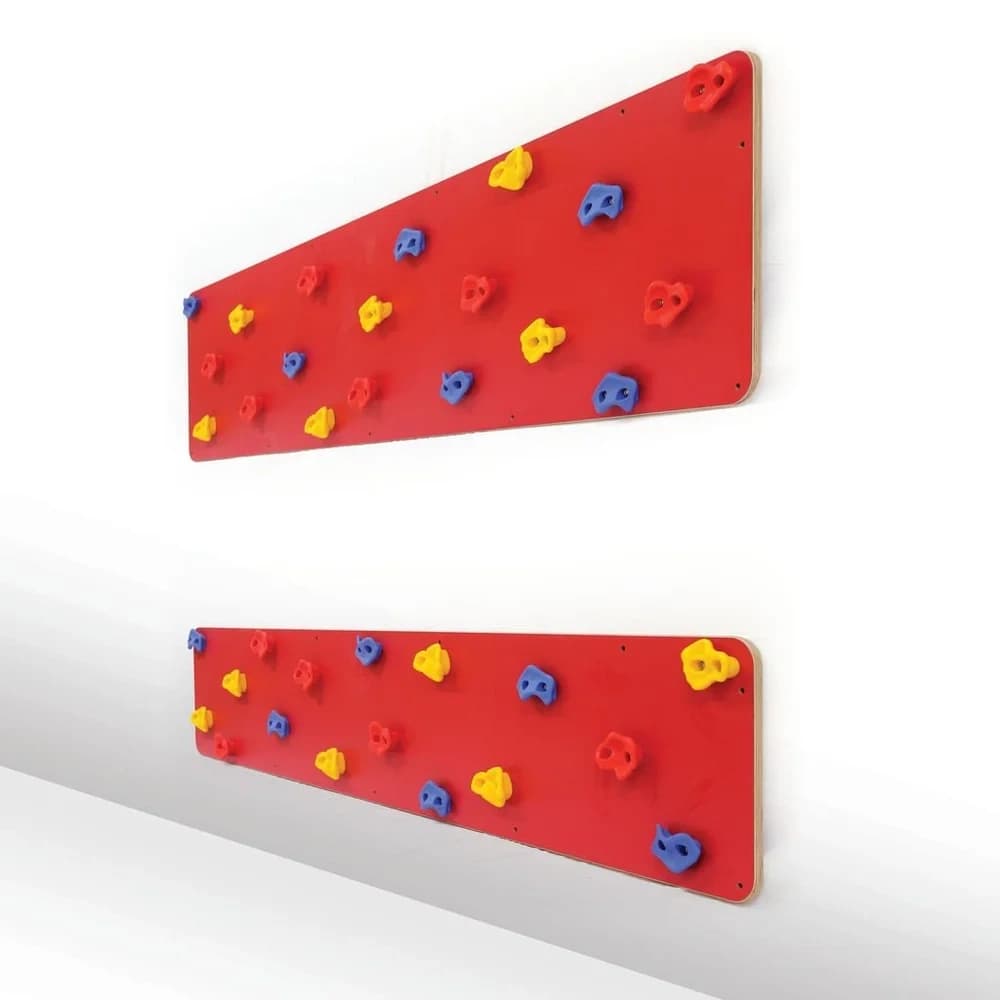 Two wall-mounted Finnish birch ply traverse panels with UV resistant laminate, supplied as a set of 2 with 36 pre-fitted multi-coloured hand and foot holds.