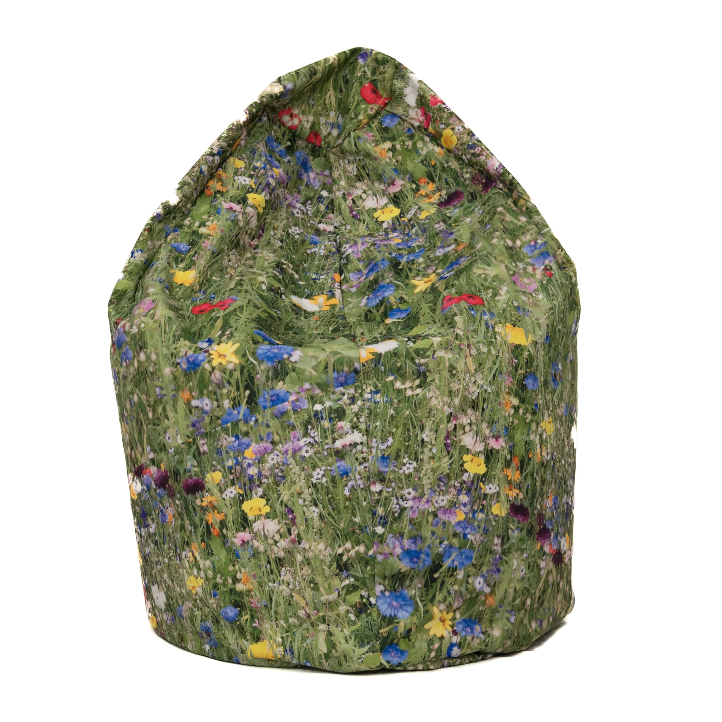 Bean bag with meadow wildflower print and a polyester outer cover.