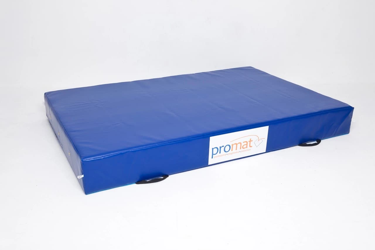 Blue rectangular mat with promat label and two black carrying handles.