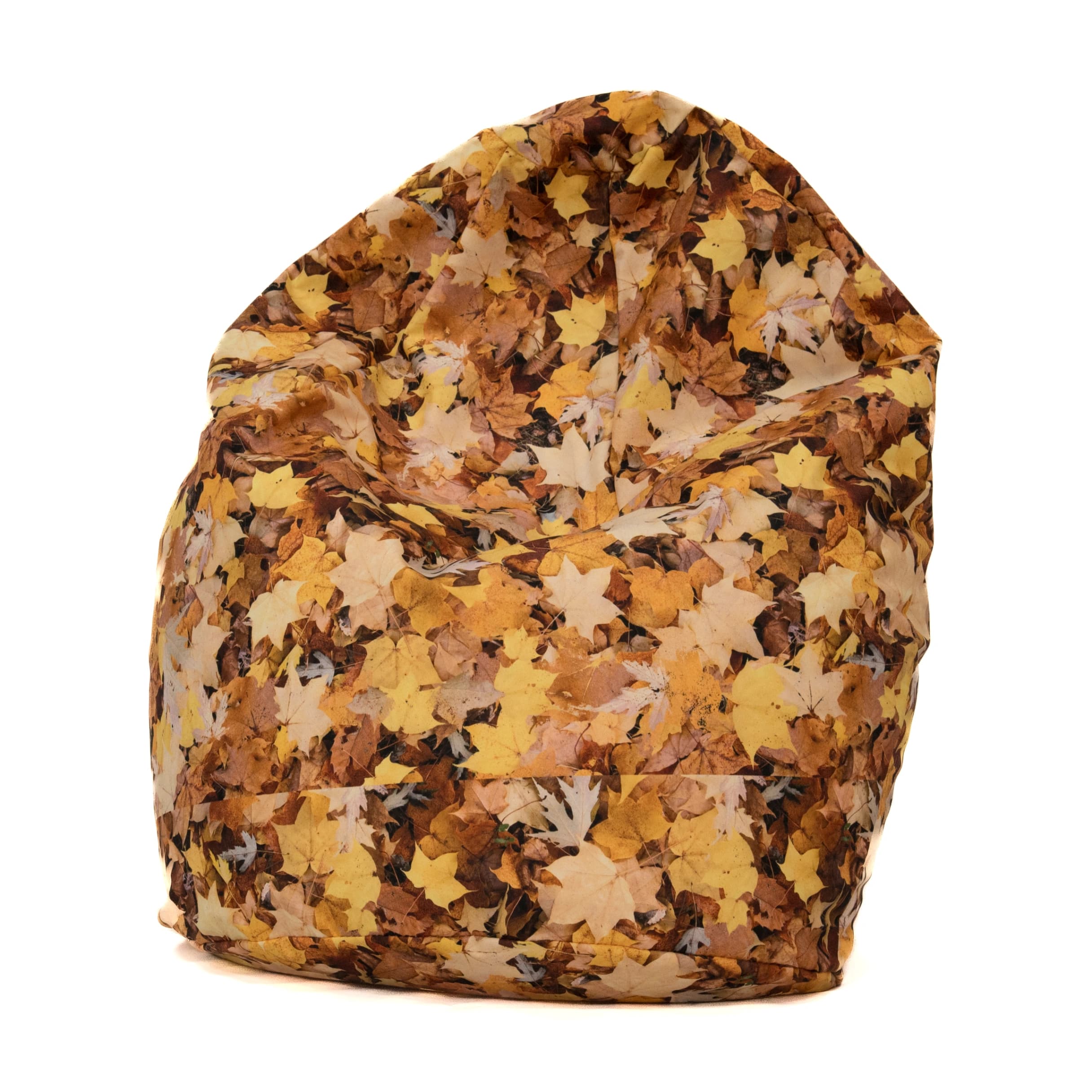 Slouchy bean bag covered in autumn leaves print with 100% polyester outer cover.