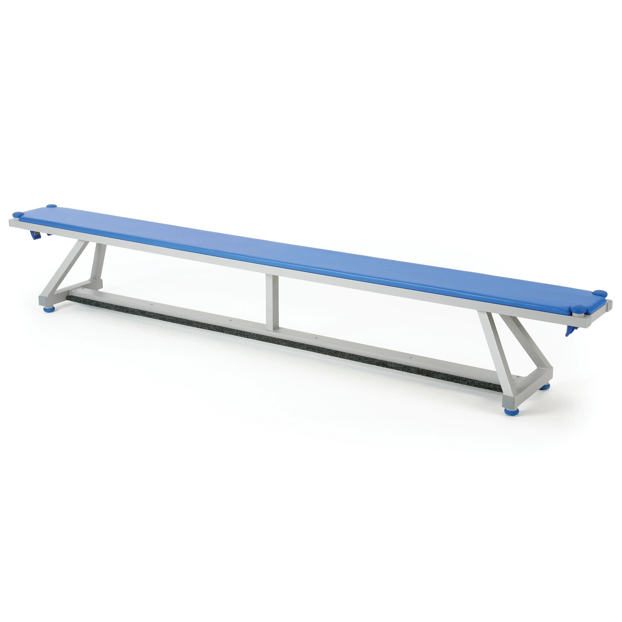 Aluminium-framed bench with a blue upholstered top, rubber feet and angled support legs for easy movement and storage.