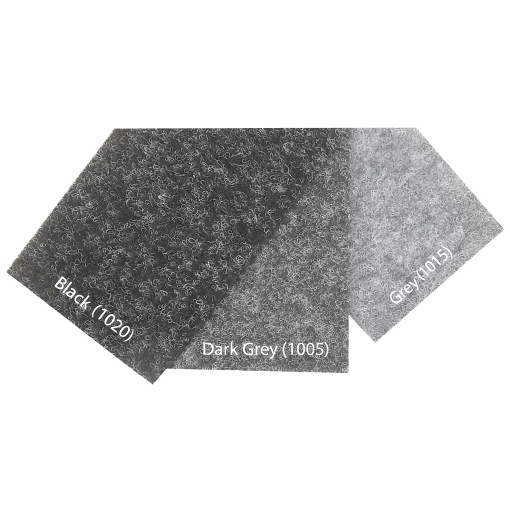 Three overlapping sports hall carpet tiles in black, dark grey, and grey labeled Black (1020), Dark Grey (1005), and Grey (1015).