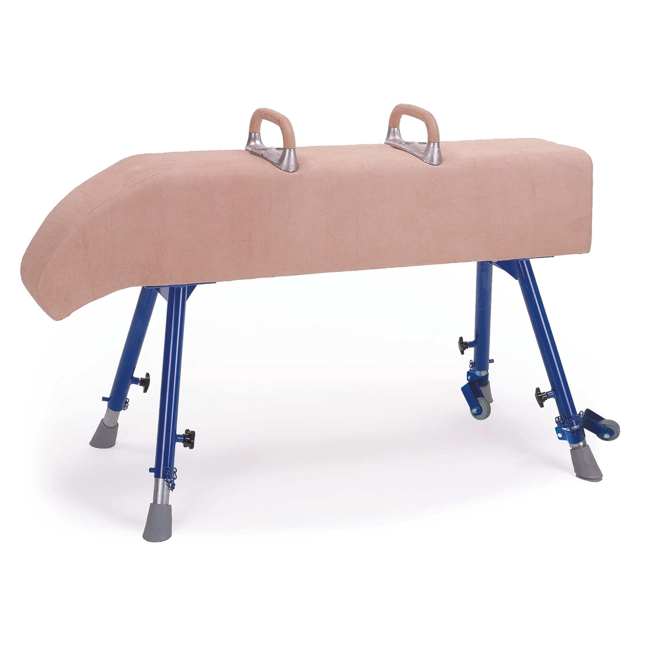Padded hide vaulting buck with two arched top handles and fully adjustable steel legs fitted with casters and rubber feet.