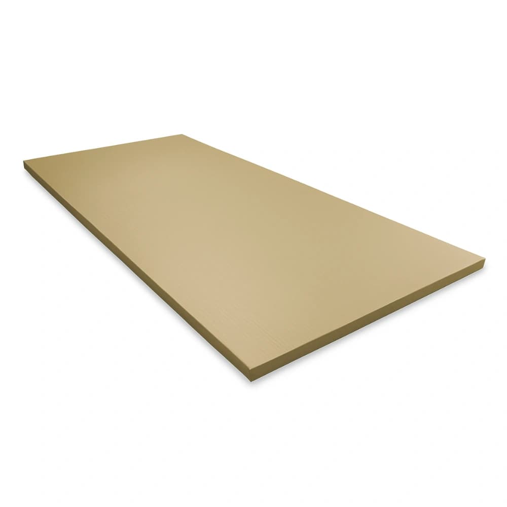 Tan rectangular high-density foam martial arts mat with smooth surface and beveled edges.