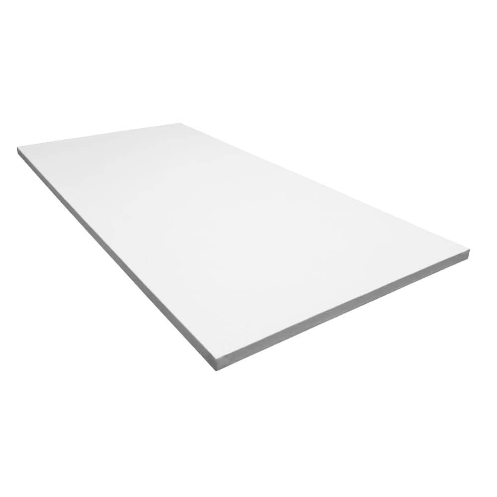White rectangular competition-grade foam mat with smooth surface and thin gray edge, shown angled on a white background.