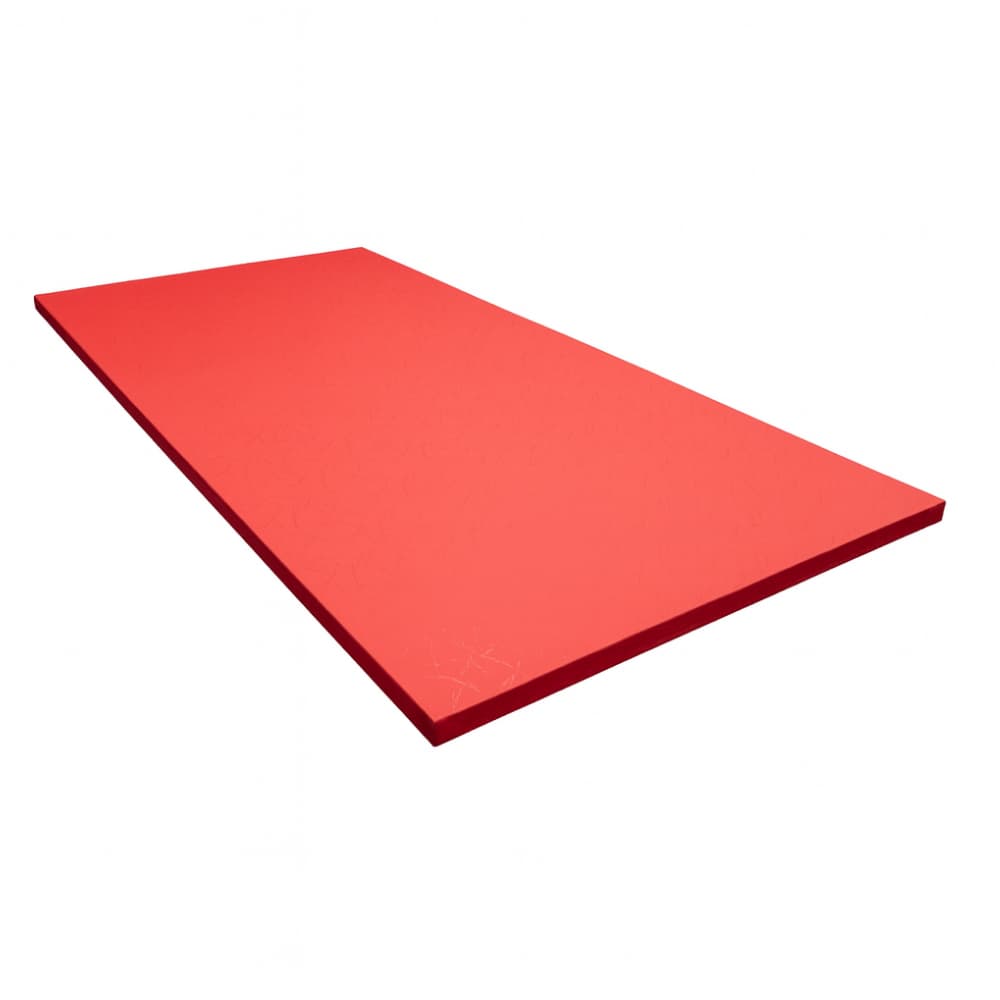 Red rectangular martial arts mat shown at an angled perspective with a smooth top surface and thin beveled edges.