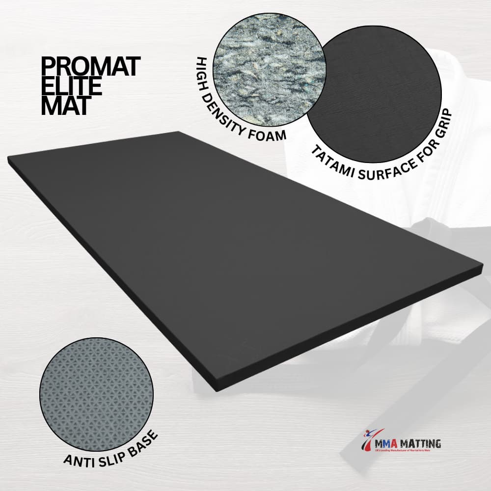 Promat Elite Mat, a black competition foam mat with tatami grip surface and anti-slip waffle base.