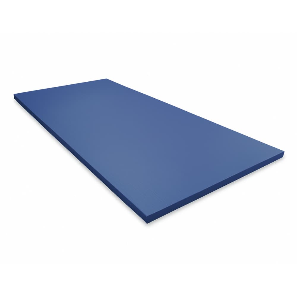 Blue competition-grade high-density foam mat with smooth PVC surface and premium waffle anti-slip base.