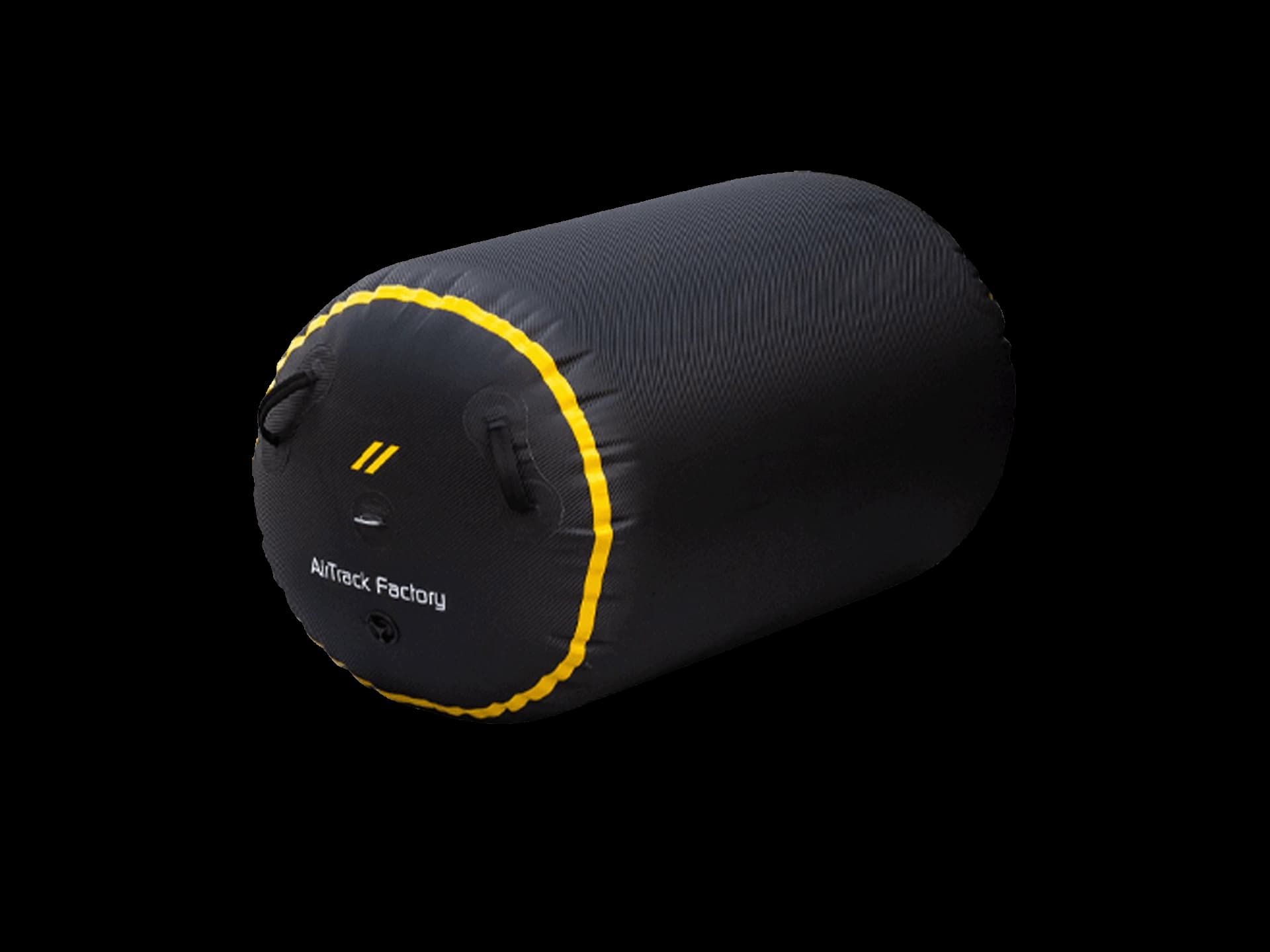 Black cylindrical inflatable roll with yellow trim and two handles, end showing text "AirTrack Factory".